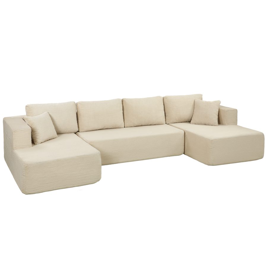 HOMCOM Komprimiertes modulares U‑Sofa 337 cm, 4‑Sitzer umwandelbar, Cordvelours, 2 Liegeelemente, 6 Kissen, breite Sitzfläche und Seitentaschen, für Wohnzimmer, kein Aufbau erforderlich, Creme   Aosom von HOMCOM