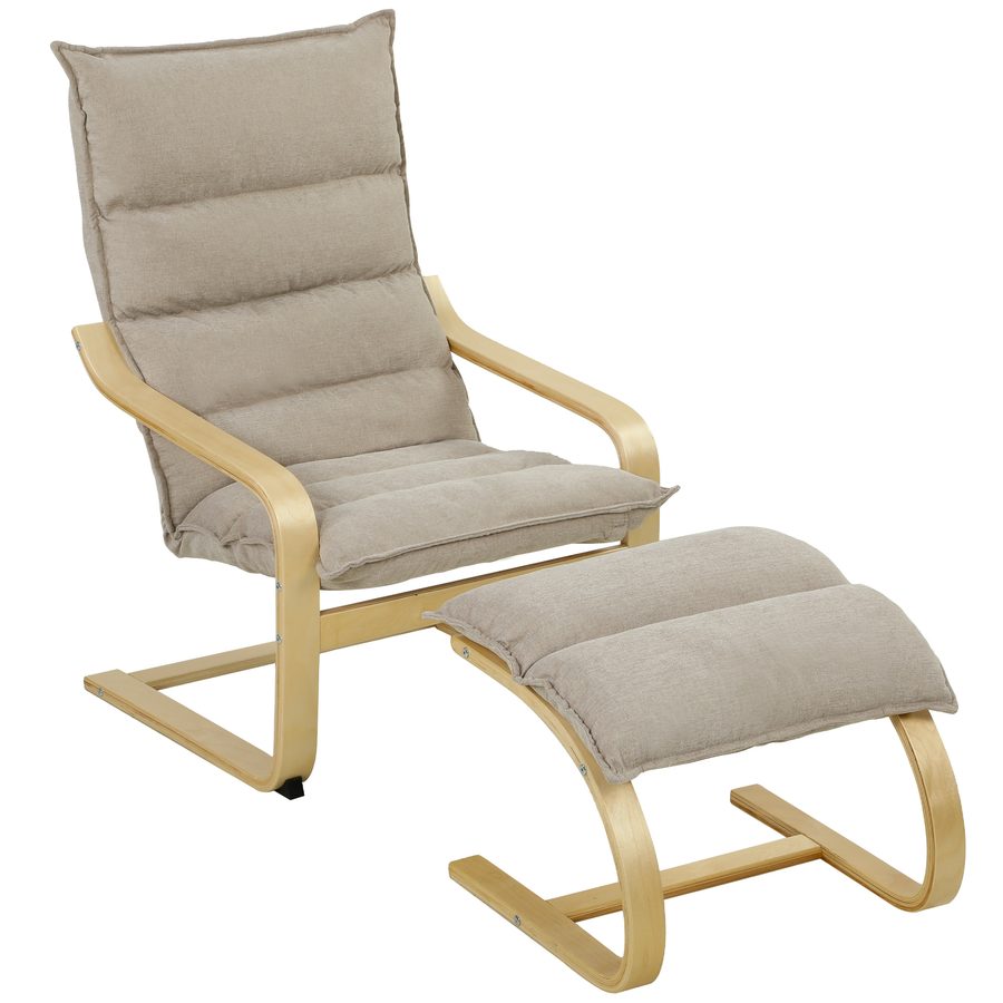 HOMCOM Sessel mit Hocker, Leinenoptik, breite Sitzfläche, sanfte Schaukel, hoher Rücken, geschwungene Holzfüße und Armlehnen, Wohnzimmer- und Schlafzimmersessel, Beige   Aosom von HOMCOM