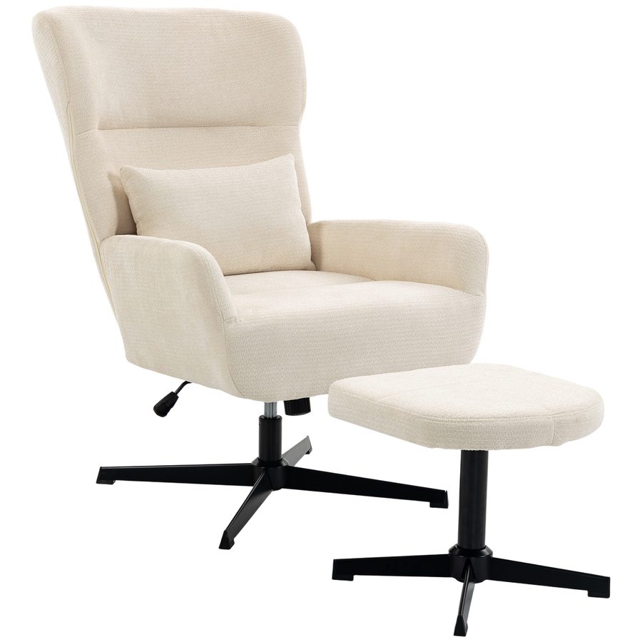 HOMCOM Relaxsessel mit Hocker Drehbarer Loungesessel mit Chenille-Optik, Lendenkissen, Höhenverstellbarer Sessel mit Metallbeinen, Polstersessel für Wohnzimmer, Cremeweiß   Aosom von HOMCOM