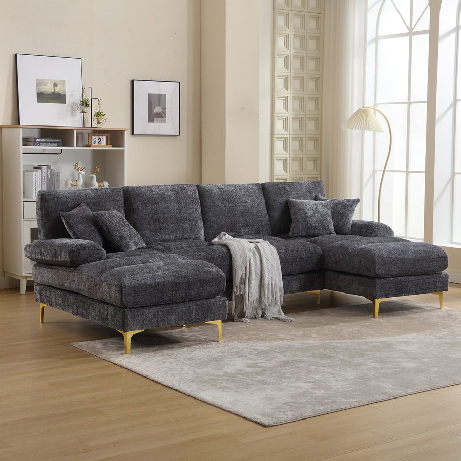 Modernes großes U-förmiges Chenille-Sofa mit Doppel-Liegesitzen, für Wohnzimmer, Wohnung, Villa, Grau von Gomyway