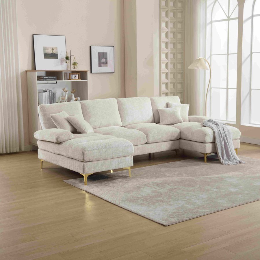 Ecksofa, Modernes großes U-förmiges Chenille-Sofa, mit Doppel-Liegesitzen, Ergonomisches Design, 272 x 136 x 88 cm, bis zu 300 kg, Beige   Aosom.de von Gomyway