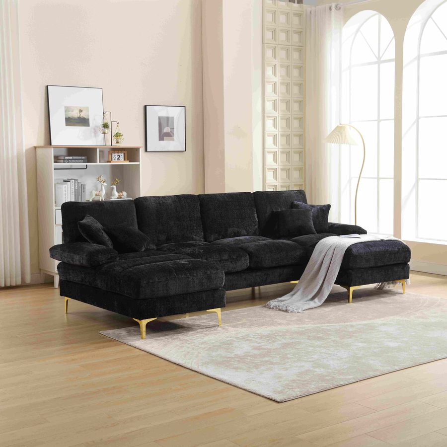 Modernes großes U-förmiges Chenille-Sofa mit Doppel-Liegesitzen, für Wohnzimmer, Wohnung, Villa, Schwarz von Gomyway