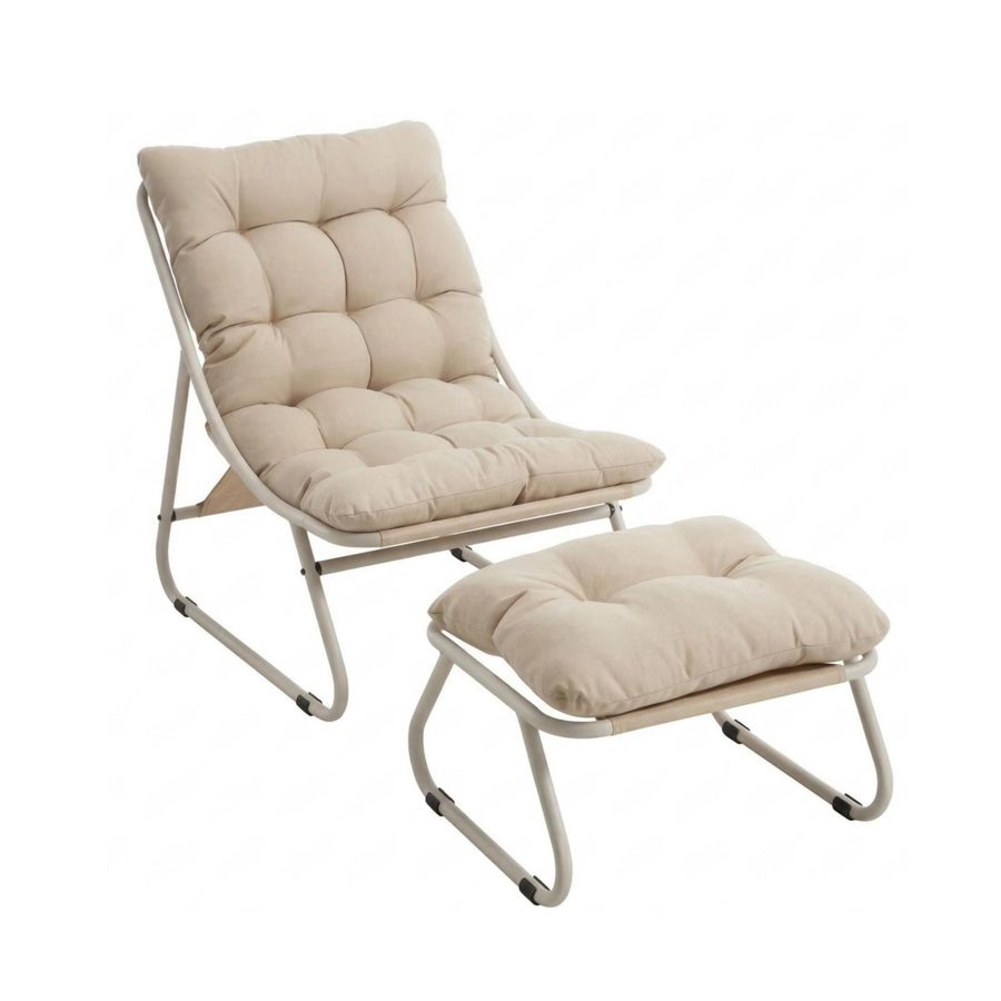 Outdoor-Lounge-Sessel mit Hocker, Polsterkissen, Sling-Gewebe, Stahlrahmen, Beige von W2021