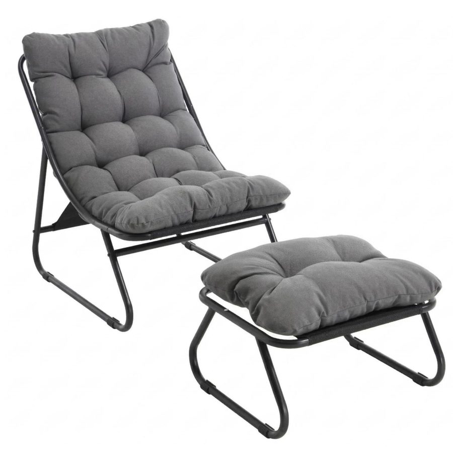 Outdoor-Lounge-Sessel mit Hocker, Polsterkissen, Sling-Gewebe, Stahlrahmen, Grau von W2021