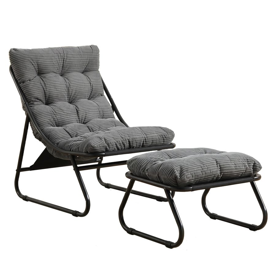 Outdoor-Lounge-Sessel mit Hocker, Polsterkissen, Sling-Gewebe, Stahlrahmen, Grau von W2021