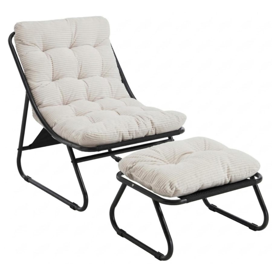Outdoor-Lounge-Sessel mit Hocker, Polsterkissen, Sling-Gewebe, Stahlrahmen, Weiß von W2021