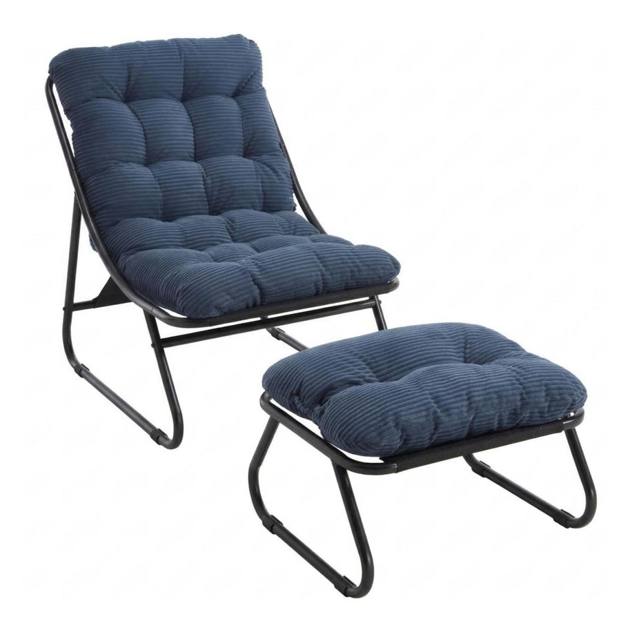 Outdoor-Lounge-Sessel mit Hocker, Polsterkissen, Sling-Gewebe, Stahlrahmen, Marineblau von W2021