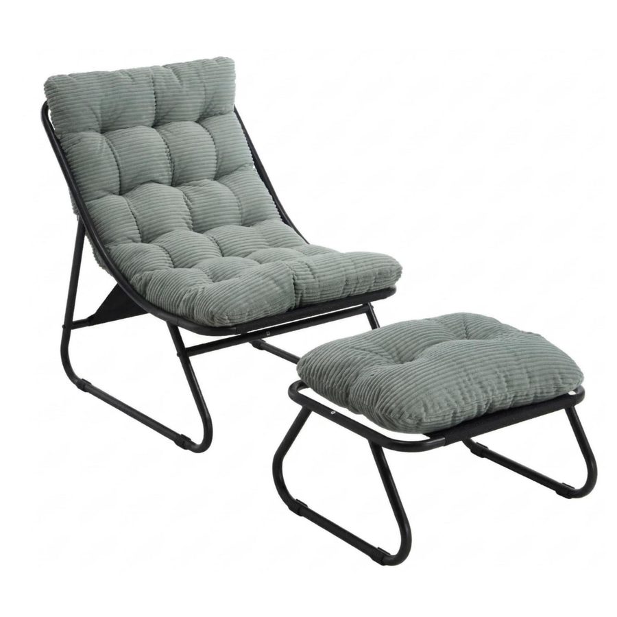 Outdoor-Lounge-Sessel mit Hocker, Polsterkissen, Sling-Gewebe, Stahlrahmen, Hellgrün von W2021