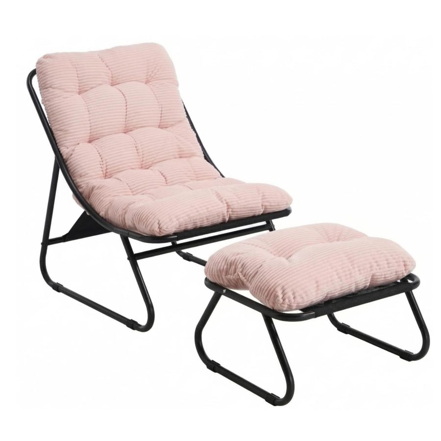 Outdoor-Lounge-Sessel mit Hocker, Polsterkissen, Sling-Gewebe, Stahlrahmen, Rosa von W2021