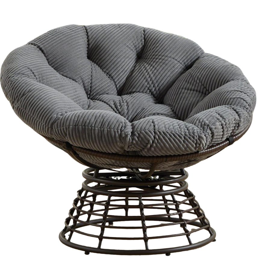 Papasan-Sessel, 360° Drehbarer, dickes Kissen(Cordstoff), Stahlrahmen, 92x92x67 cm, Grau von W2021