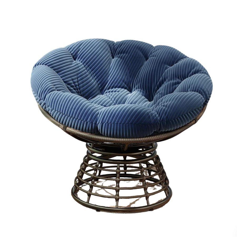 Papasan-Sessel, 360° Drehbarer, dickes Kissen(Cordstoff), Stahlrahmen, 92x92x67 cm, Marineblau von W2021