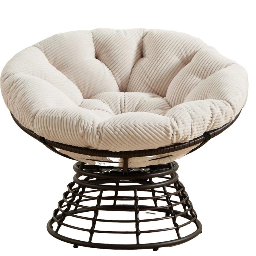 Papasan-Sessel, 360° Drehbarer, dickes Kissen(Cordstoff), Stahlrahmen, 92x92x67 cm, Weiß von W2021