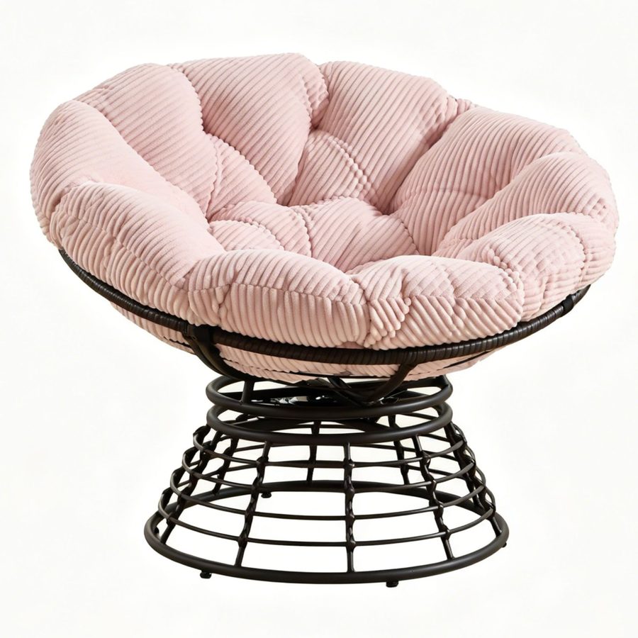 Papasan-Sessel, 360° Drehbarer, dickes Kissen(Cordstoff), Stahlrahmen, 92x92x67 cm, Rosa von W2021