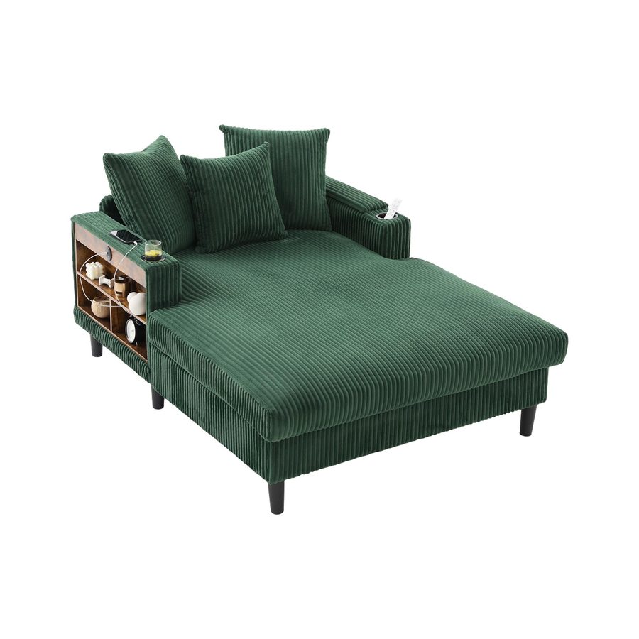Multifunktionale Cord-Chaiselongue mit beidseitigen Getränkehaltern und klappbarer Armlehne, 129x170x70 cm, Grün von GOMYWAY Home