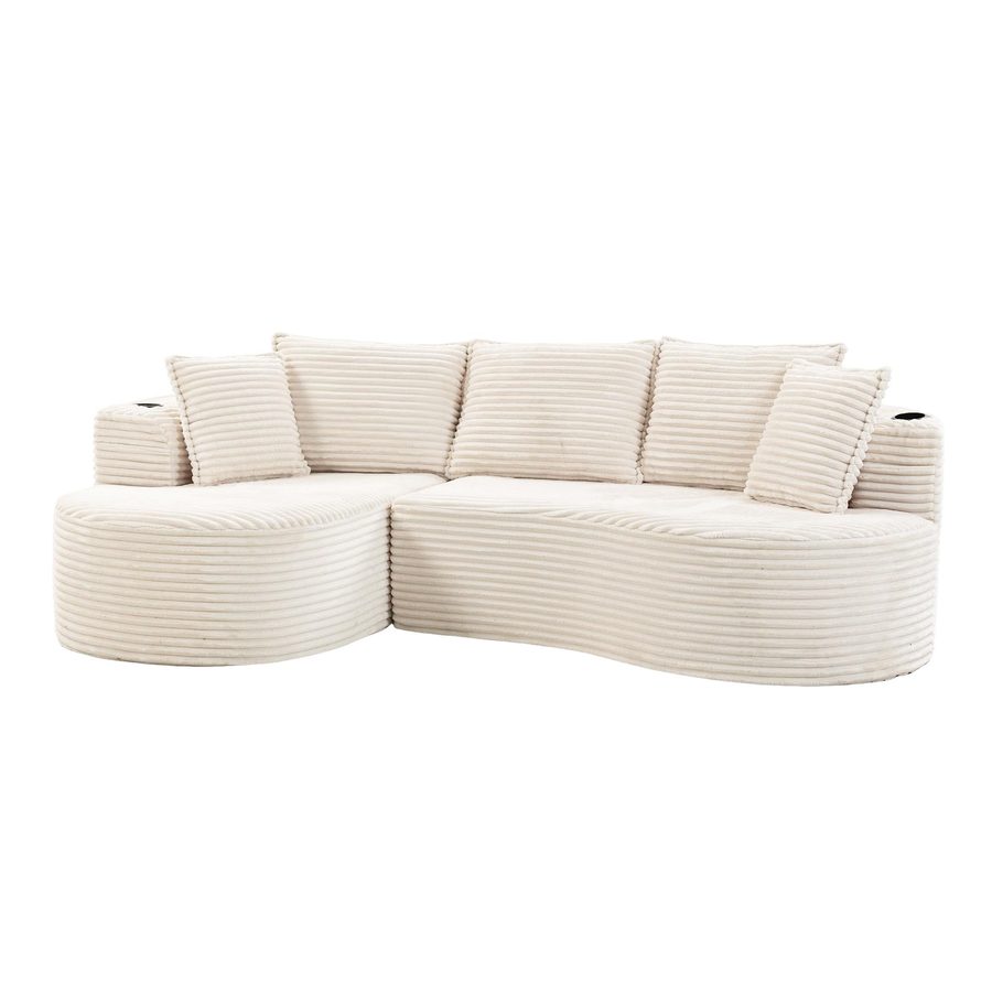 Bogesofa aus Cord mit beidseitigen Getränkehaltern und Seitentasche, inklusive Kissen, 250x152x82 cm, Beige von GOMYWAY Home