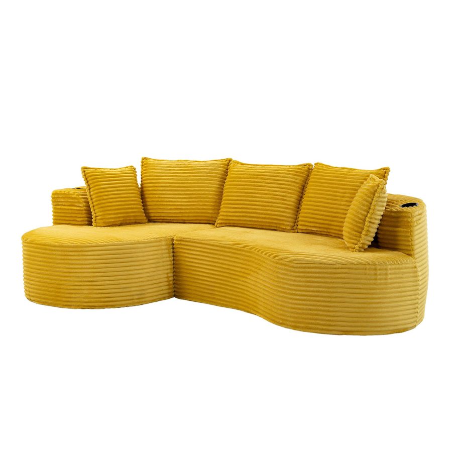 Bogesofa aus Cord mit beidseitigen Getränkehaltern und Seitentasche, inklusive Kissen, 250x152x82 cm, Gelb von GOMYWAY Home