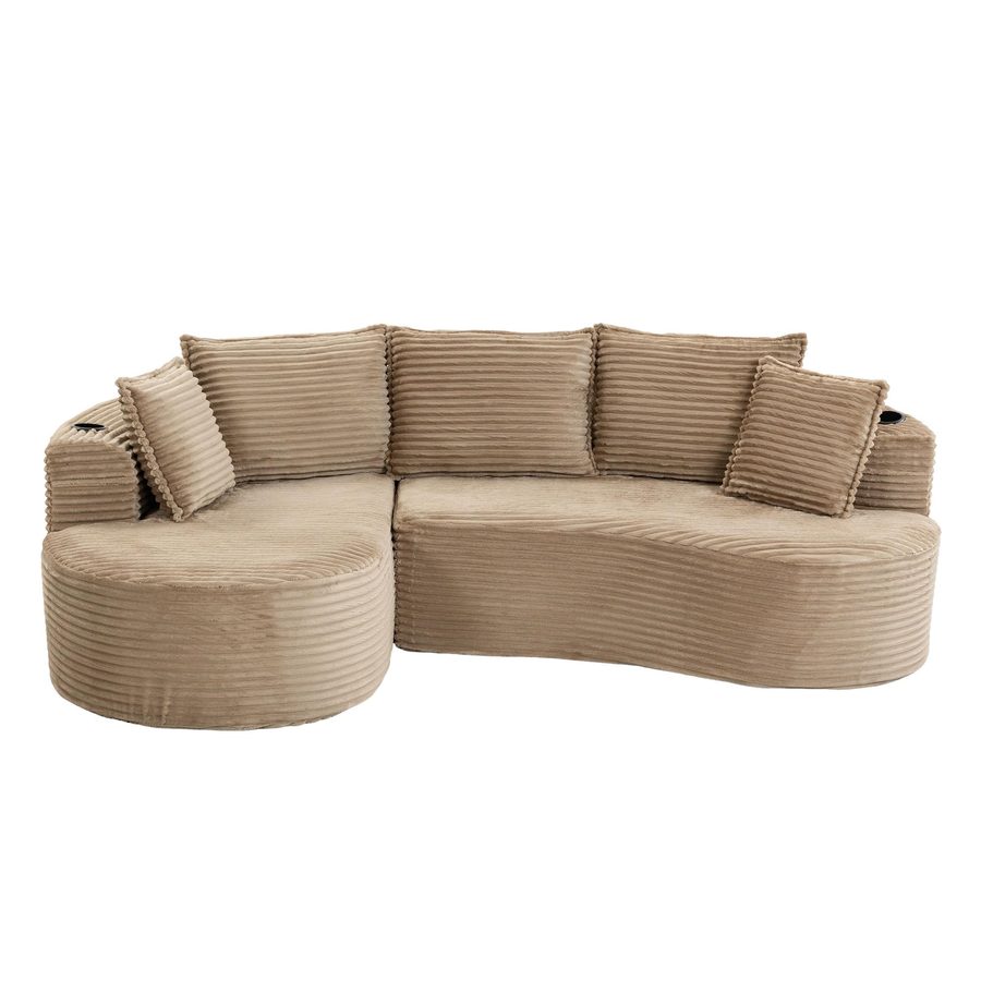 Bogesofa aus Cord mit beidseitigen Getränkehaltern und Seitentasche, inklusive Kissen, 250x152x82 cm, Khaki von GOMYWAY Home