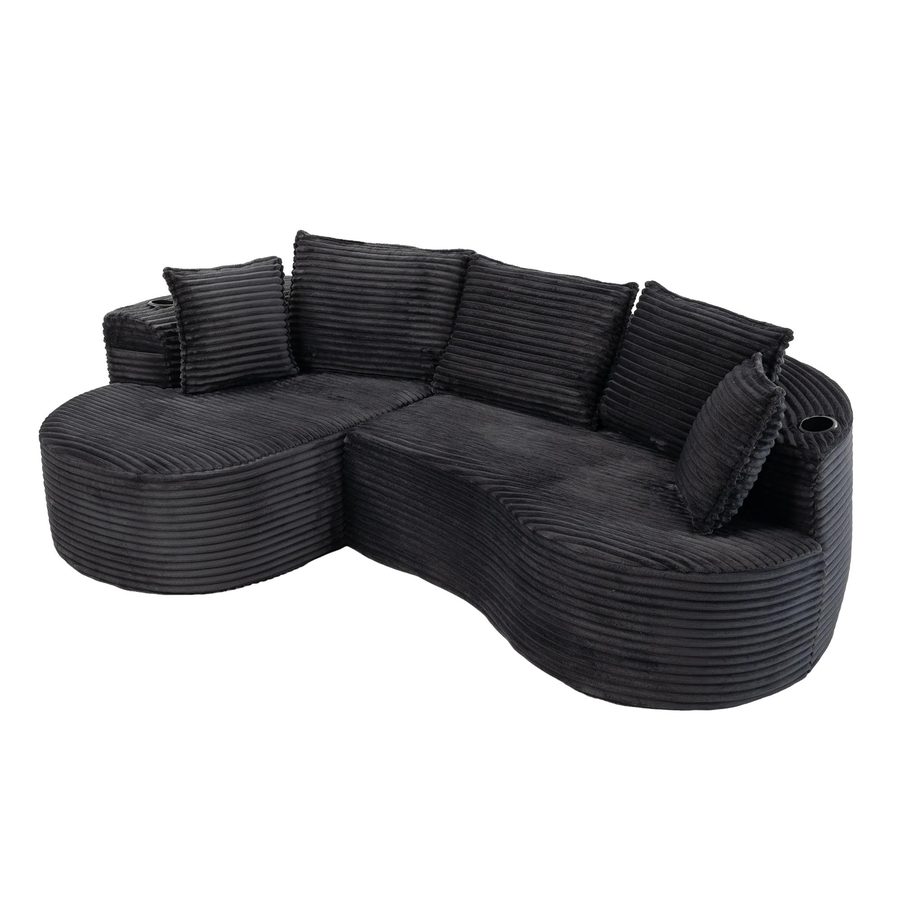 Bogesofa aus Cord mit beidseitigen Getränkehaltern und Seitentasche, inklusive Kissen, 250x152x82 cm, Dunkelgrau von GOMYWAY Home
