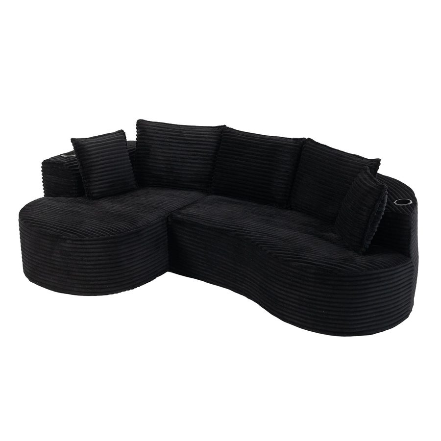 Bogesofa aus Cord mit beidseitigen Getränkehaltern und Seitentasche, inklusive Kissen, 250x152x82 cm, Schwarz von GOMYWAY Home