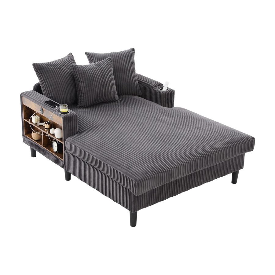 Multifunktionale Cord-Chaiselongue mit beidseitigen Getränkehaltern und klappbarer Armlehne, 129x170x70 cm, Dunkelgrau von GOMYWAY Home