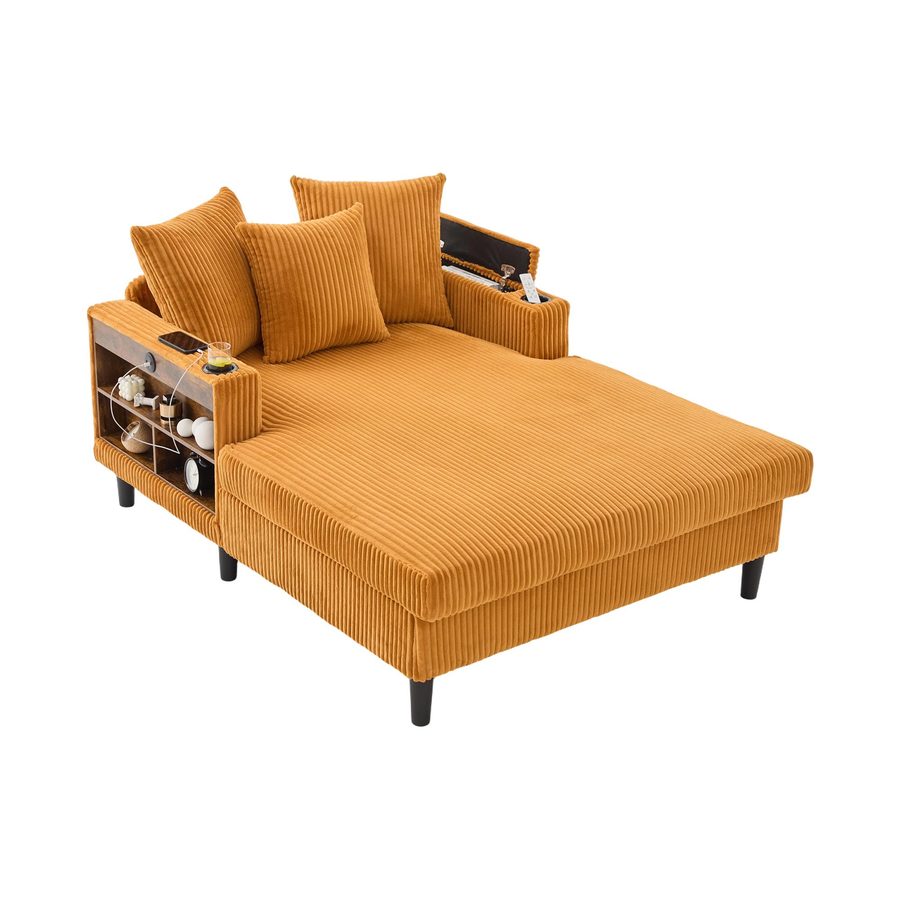 Multifunktionale Cord-Chaiselongue mit beidseitigen Getränkehaltern und klappbarer Armlehne, 129x170x70 cm, Senfgelb von GOMYWAY Home