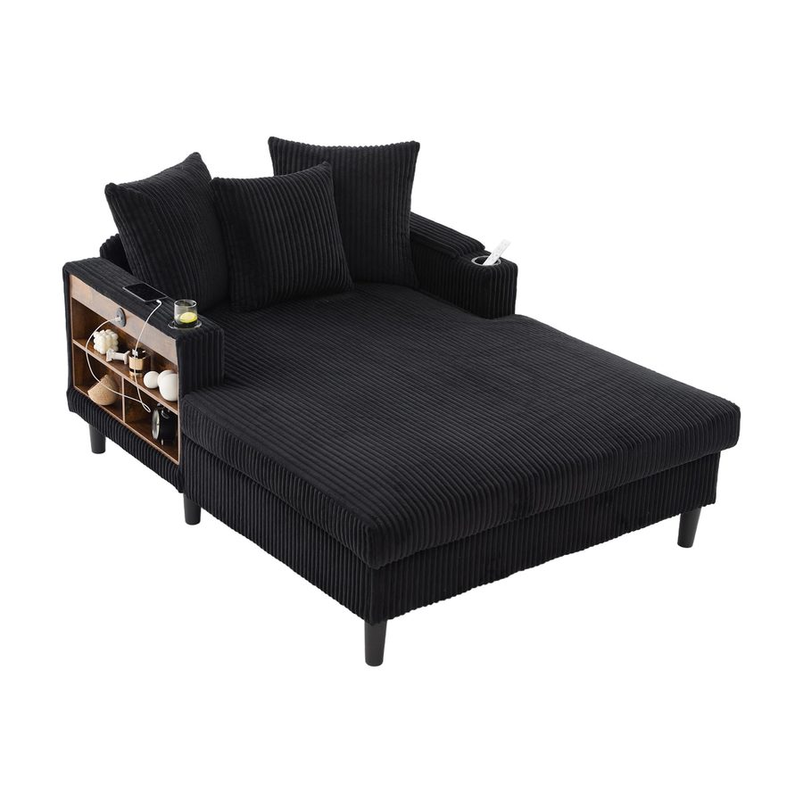 Multifunktionale Cord-Chaiselongue mit beidseitigen Getränkehaltern und klappbarer Armlehne, 129x170x70 cm, Schwarz von GOMYWAY Home