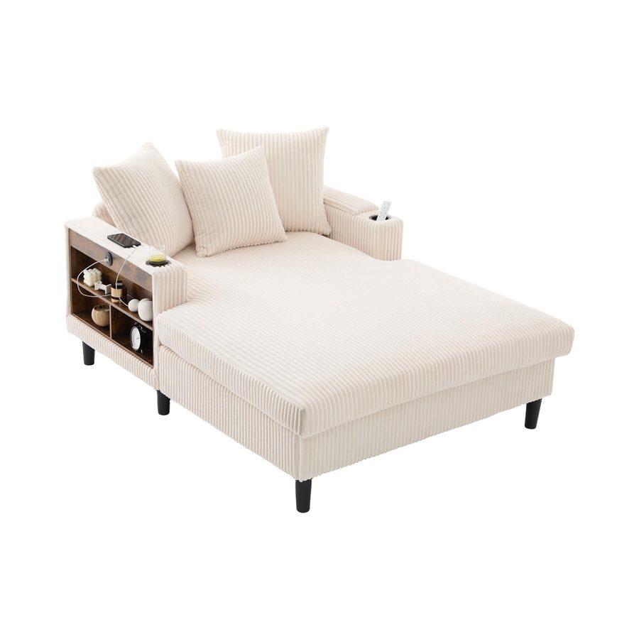 Multifunktionale Cord-Chaiselongue mit beidseitigen Getränkehaltern und klappbarer Armlehne, 129x170x70 cm, Beige von GOMYWAY Home
