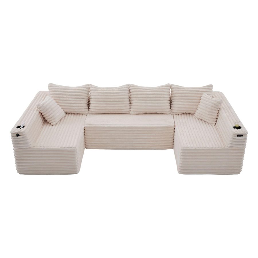 U-förmiges Cord-Sofa, integrierter Getränkehalter und Seitentasche, Federkernpolsterung, 320x155x88 cm, Beige von GOMYWAY Home