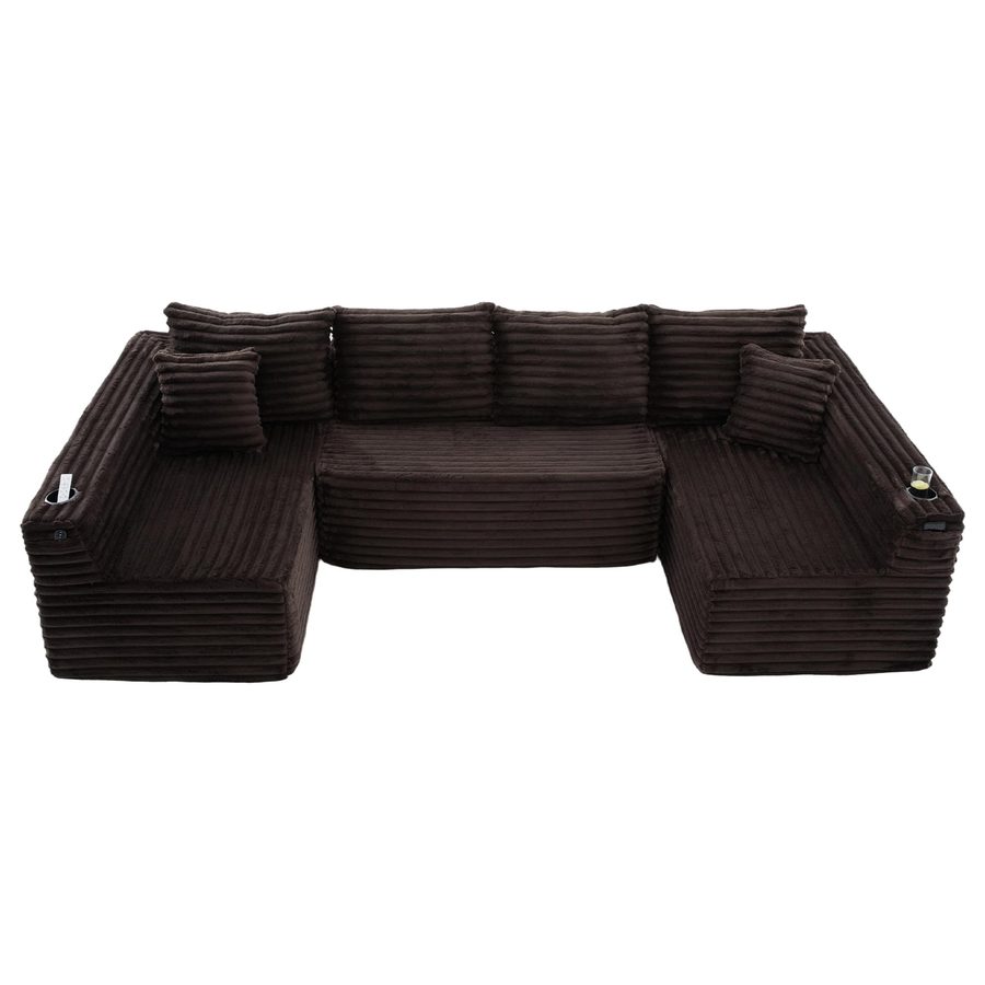 U-förmiges Cord-Sofa, integrierter Getränkehalter und Seitentasche, Federkernpolsterung, 320x155x88 cm, Braun von GOMYWAY Home