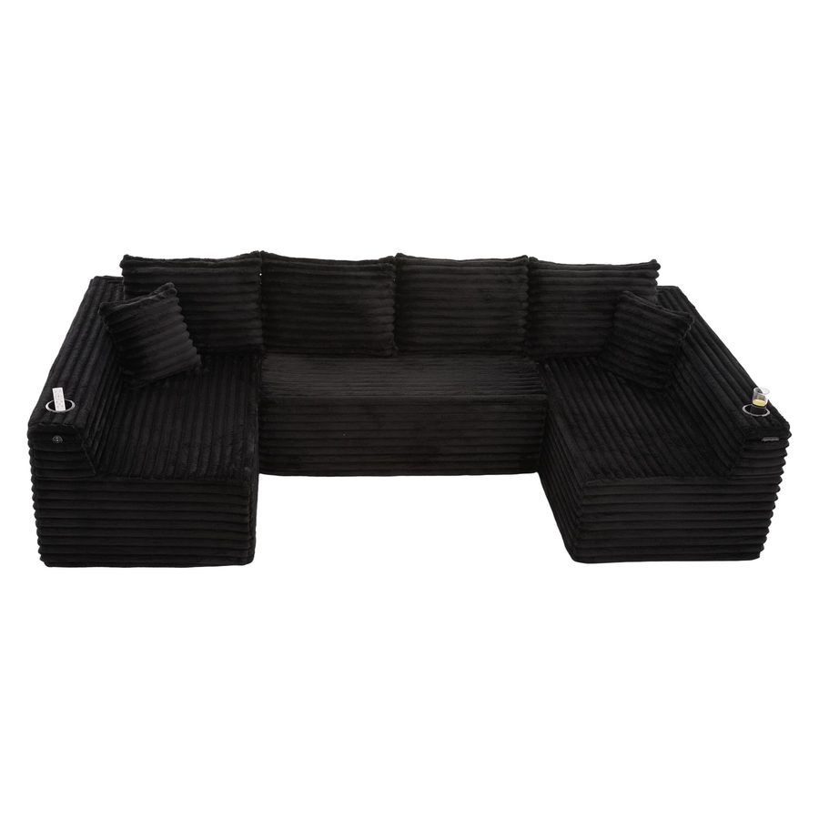 U-förmiges Cord-Sofa, integrierter Getränkehalter und Seitentasche, Federkernpolsterung, 320x155x88 cm, Schwarz von GOMYWAY Home