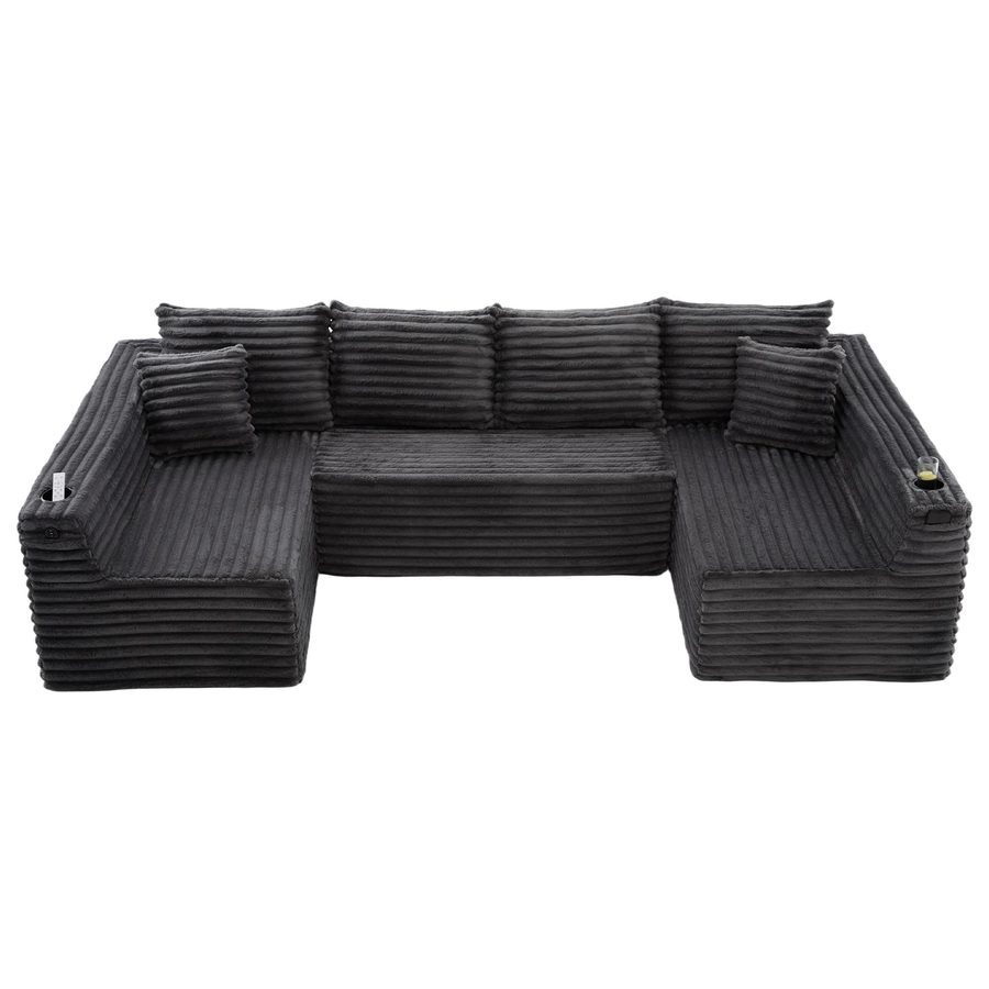U-förmiges Cord-Sofa, integrierter Getränkehalter und Seitentasche, Federkernpolsterung, 320x155x88 cm, Dunkelgrau von GOMYWAY Home