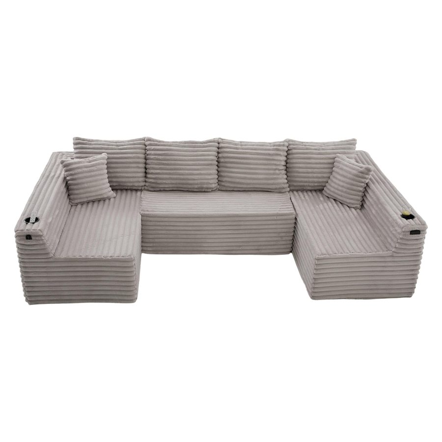 U-förmiges Cord-Sofa, integrierter Getränkehalter und Seitentasche, Federkernpolsterung, 320x155x88 cm, Hellgrau von GOMYWAY Home