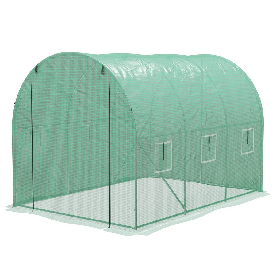 Outsunny Garten-Gewächshaus Tunnel 6 m² Gewächshaus für Tomaten mit integriertem Bewässerungssystem 3L x 2B x 2H m Verstärkter Stahl + PE Hochdichte 140 g/m² 6 Fenster Aufrollbare Tür Grün   Aosom von Outsunny