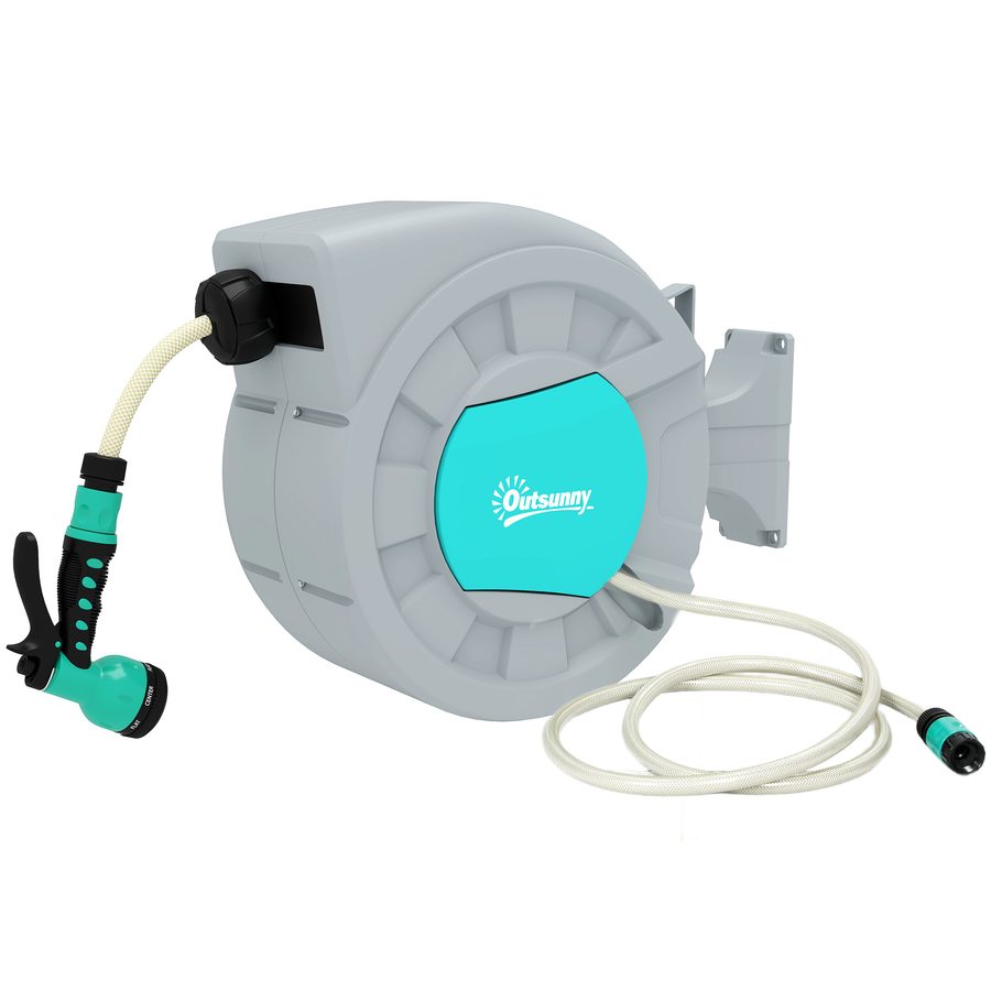 Outsunny Schlauchtrommel mit Gartenschlauch 25m, 180° schwenkbar Schlauchbox, Schlauchaufroller zur Wandmontage, Wasserschlauchaufroller mit automatische Aufrollung, 7-Funktionen Handbrause, Grün+Grau   Aosom von Outsunny