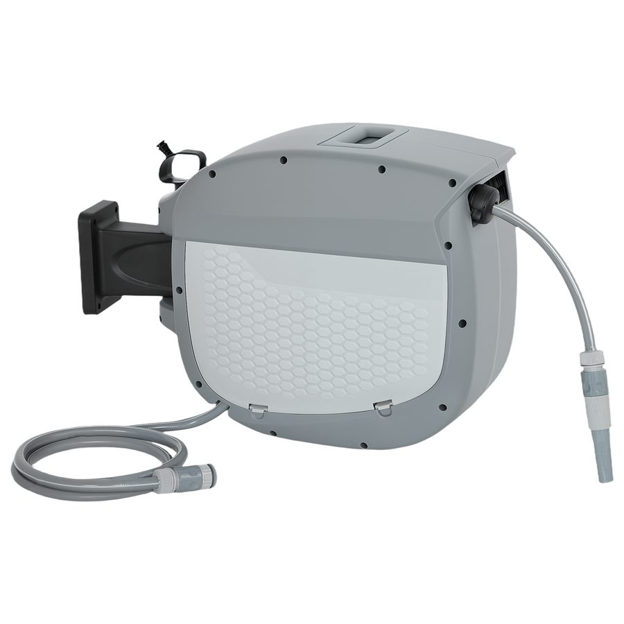Outsunny Schlauchtrommel mit Gartenschlauch 30 m, 180° schwenkbar Schlauchbox mit automatische Aufrollung Selbstverriegelung, Schlauchaufroller zur Wandmontage, Wasserschlauchaufroller, Grau   Aosom von Outsunny