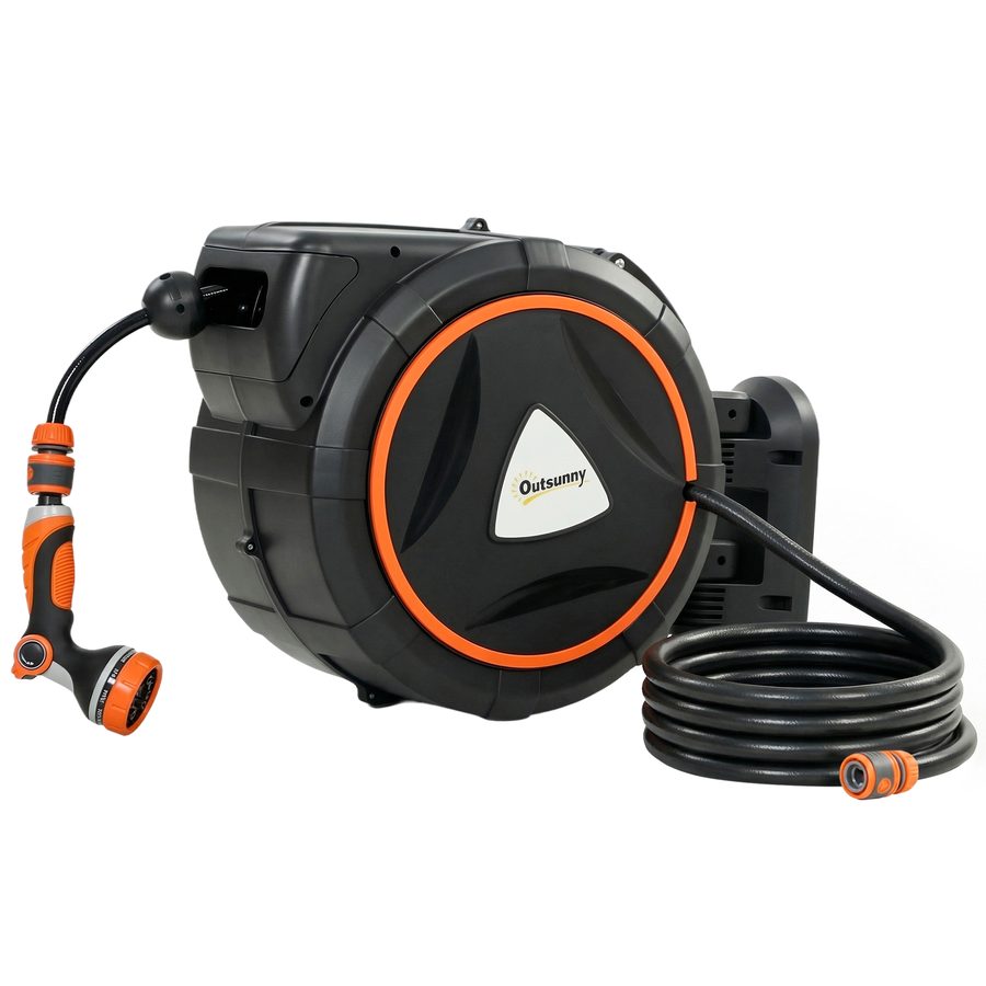 Outsunny Schlauchaufroller 23+2 m mit 12 Sprühmodi, Wand-Schlauchhaspel mit automatischer Verriegelung und kontrollierter Rückführung, 180° schwenkbarer Halter, Orange   Aosom von Outsunny