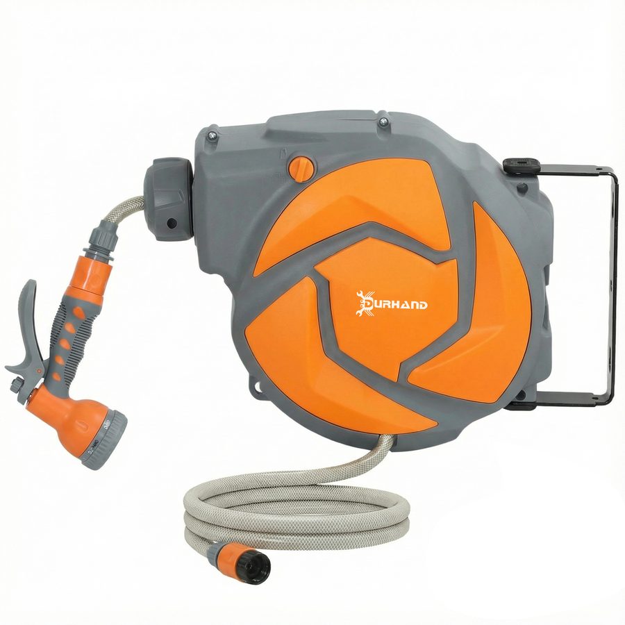 DURHAND Schlauchaufroller für Garten 10+1 m mit 7-Funktionen-Düse, Wand-Schlauchrolle, 180° drehbar, mit automatischem Rücklauf, Dunkelgrau und Orange   Aosom von Durhand