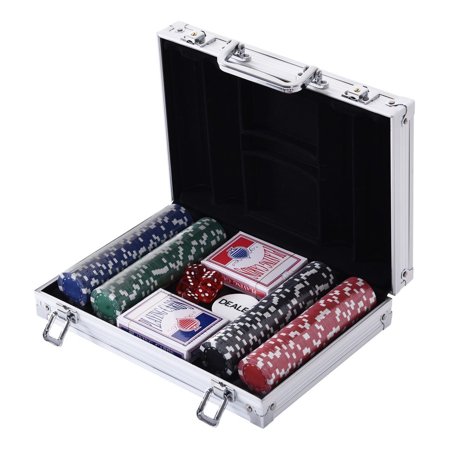 HOMCOM Pokerkoffer mit 200 Pokerchips, 2 Kartenspielen & 5 Würfeln im Alukoffer, 29,5x20,5x6,5 cm, ideal für Spieleabende   Aosom.de von HOMCOM