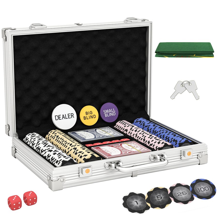 SPORTNOW Pokerkoffer abschließbar Pokerset mit Koffer 200 Chips Karten 5 Würfel Dealer Button Kartendecks Zubehör,  Komplett Set Pokerspiel Kartenspiele Aluminiumkoffer für Texas Hold'em, Blackjack   Aosom von SPORTNOW