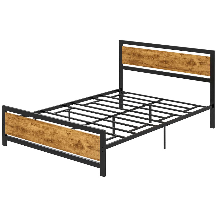 HOMCOM Einzelbettgestell aus Holz und Stahl 147x208x103cm mit integrierten Lattenrosten und Industriedesign Kopf- und Fußteil, Schwarz und Rustikales Braun   Aosom von HOMCOM