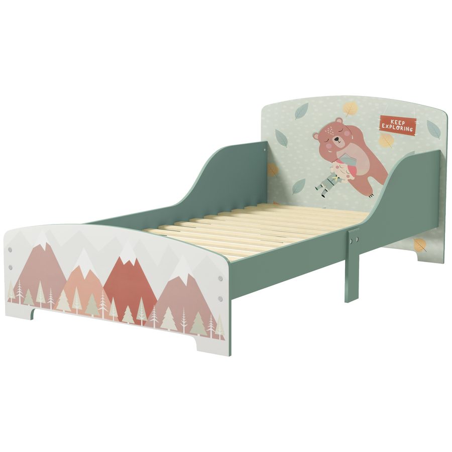 ZONEKIZ Kinderbett Bodenbett für Kinder 3-6 Jahre mit Sicherheitsbarrieren und Mustern Maße 77 x 143 x 60 cm Lattenrost inklusive - Grün   Aosom von ZONEKIZ