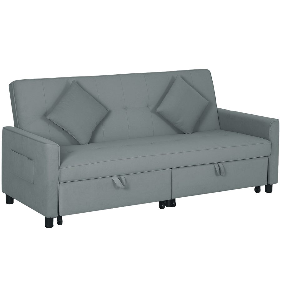 HOMCOM Schlafsofa, 3-Sitzer Sofa mit Schlaffunktion, Verstellbare Rückenlehne, Umkehrbare Ecksofa mit Wurfkissen, Samtoptik, Couch mit Rollen für Wohnzimmer, Schlafzimmer Grau   Aosom von HOMCOM