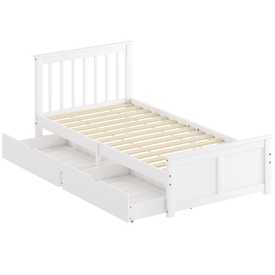 HOMCOM Bett 90 x 200 cm Bettrahmen mit Lattenrost aus Holz, Schublade, Unterbettaufbewahrung, Einzelbett, Holzbett mit Kopfteil, Bettgestell für Schlafzimmer, Gästezimmer, Weiß   Aosom von HOMCOM