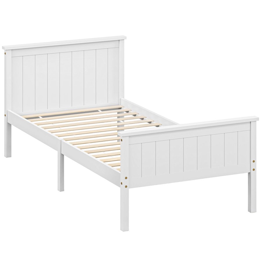 HOMCOM Bettgestell 100 x 210 cm, Einzelbett aus massiver Kiefer mit Lattenrost, Kopf- und Fußteil inklusive, 29 cm Höhe mit Stauraum darunter, geräuschlos, einfache Montage, weiß   Aosom