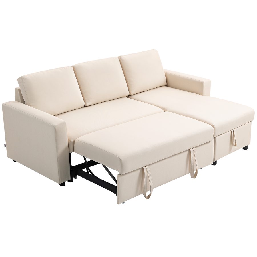HOMCOM Ecksofa, Schlafsofa, 3-Sitzer-Sofa mit umkehrbarer Récamière, integriertem Stauraum und 3 Rückenkissen, Leinenoptikstoff, Creme   Aosom von HOMCOM