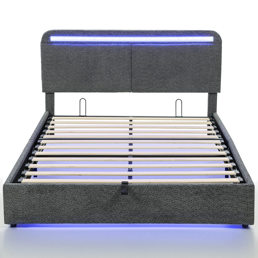 HOMCOM Bett mit Stauraum 140 x 190 cm mit LED-Beleuchtung, verstellbarem Kopfteil, gepolstertem Doppelbettgestell mit Teddy-Fleece, Lattenrost aus Holz, verstecktem Stauraum und Fernbedienung, geräuscharm, grau   Aosom von HOMCOM