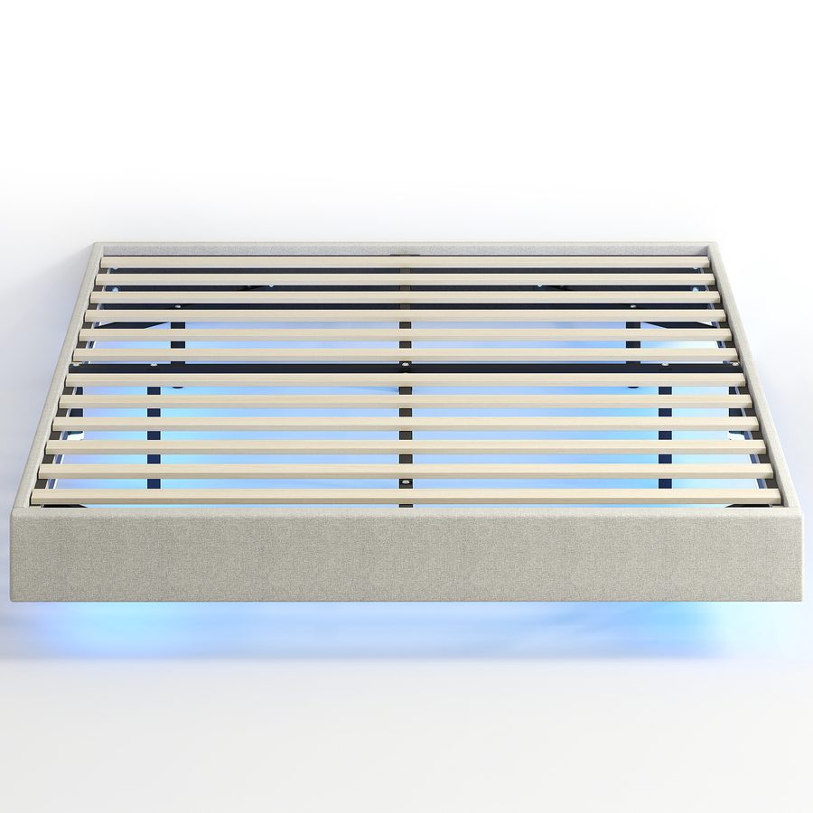 HOMCOM schwebendes Bettgestell 140 x 190 cm mit LED-Beleuchtung, gepolstertes Doppelbett in Leinenoptik, Lattenrost aus Holz, Stauraum und Fernbedienung, geräuscharm, einfache Montage, Beige   Aosom von HOMCOM