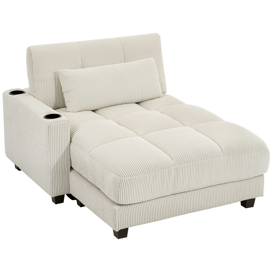 HOMCOM Chaiselongue 2 Sitzer Schlafsofa 114 x 147 cm Sofa mit Bettfunktion, Cord-Optik, Links/Rechts Armlehne, Becherhalter und Lendenkissen Couch für Wohnzimmer, Schlafzimmer, Cremeweiß   Aosom von HOMCOM