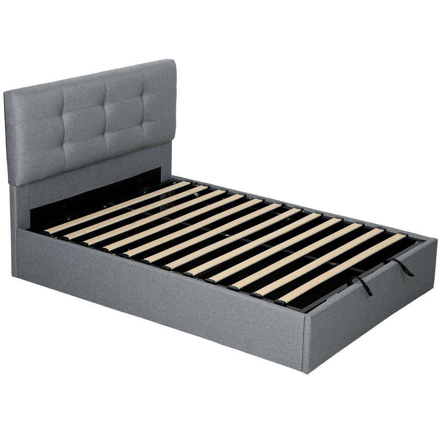 HOMCOM Bett mit Bettkasten 140 x 190 cm, gepolstertes Doppelbettgestell mit Holzlattenrost und verstecktem Stauraum, gestepptes Kopfteil in Leinenoptik, trägt bis zu 500 kg, ohne Matratze, grau   Aosom von HOMCOM