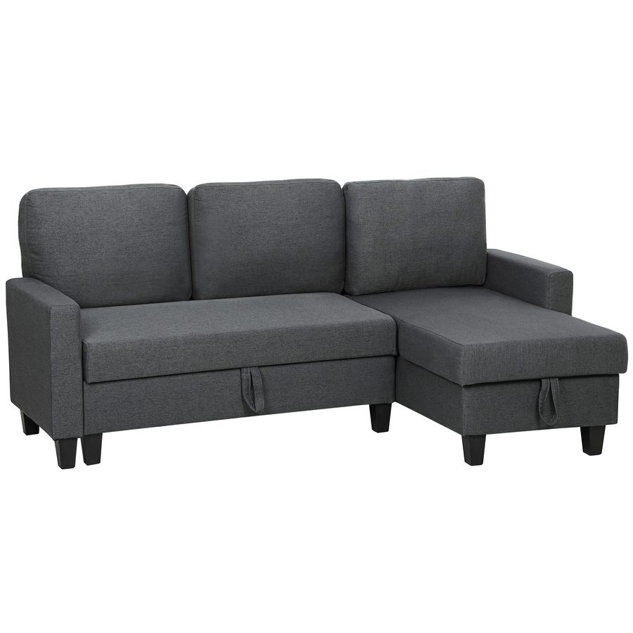 HOMCOM Ecksofa mit Schlaffunktion und Bettkasten L-Form 3-Sitzer Sofa Ausziehbares 3 in 1 Schlafsofa mit Chaiselongue, Verstellbarer Rückenlehne, Leinenoptik für Wohnzimmer, Dunkelgrau   Aosom von HOMCOM